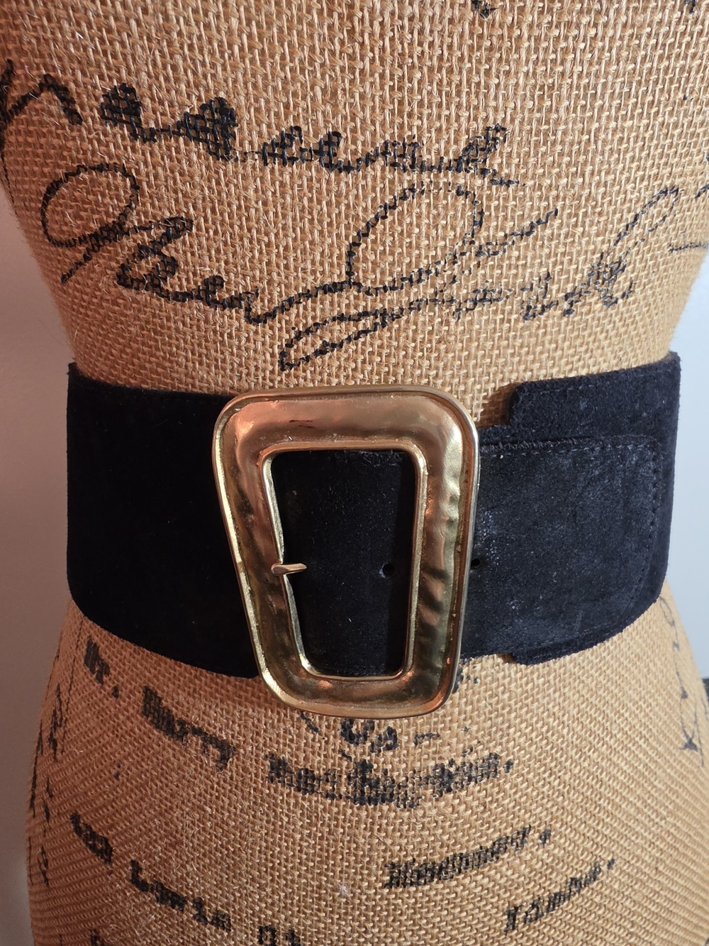 Wide Black Suede Belt with Gold Statement Buckle